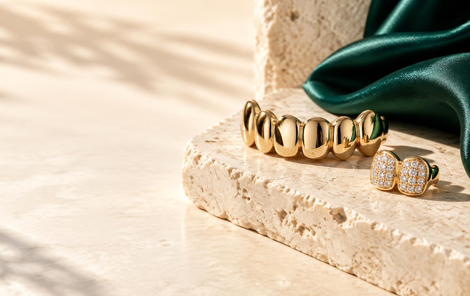 Gold grillz and a diamond-set pair on travertine with emerald silk