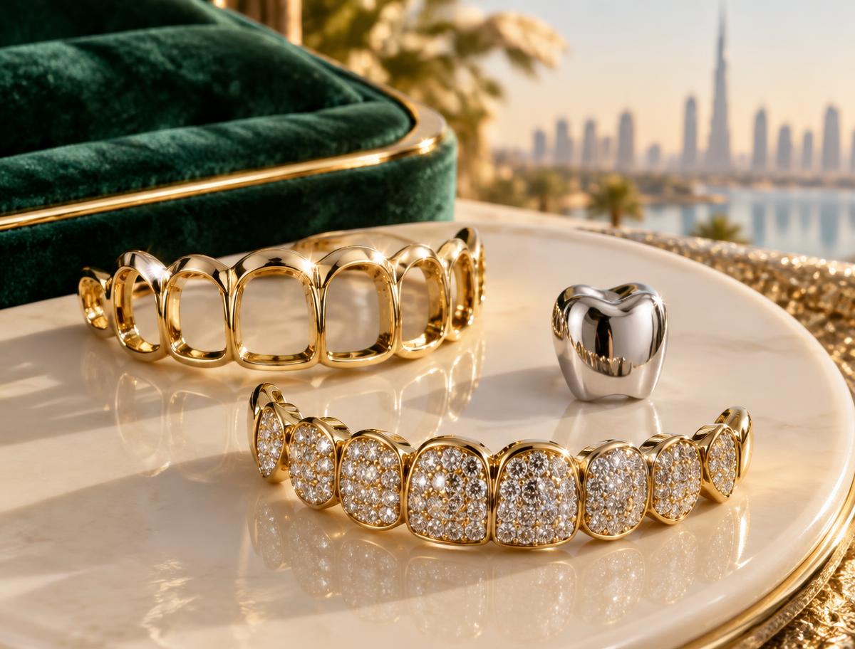 Design study of an open-face gold row, a silver cap and stone-set grillz